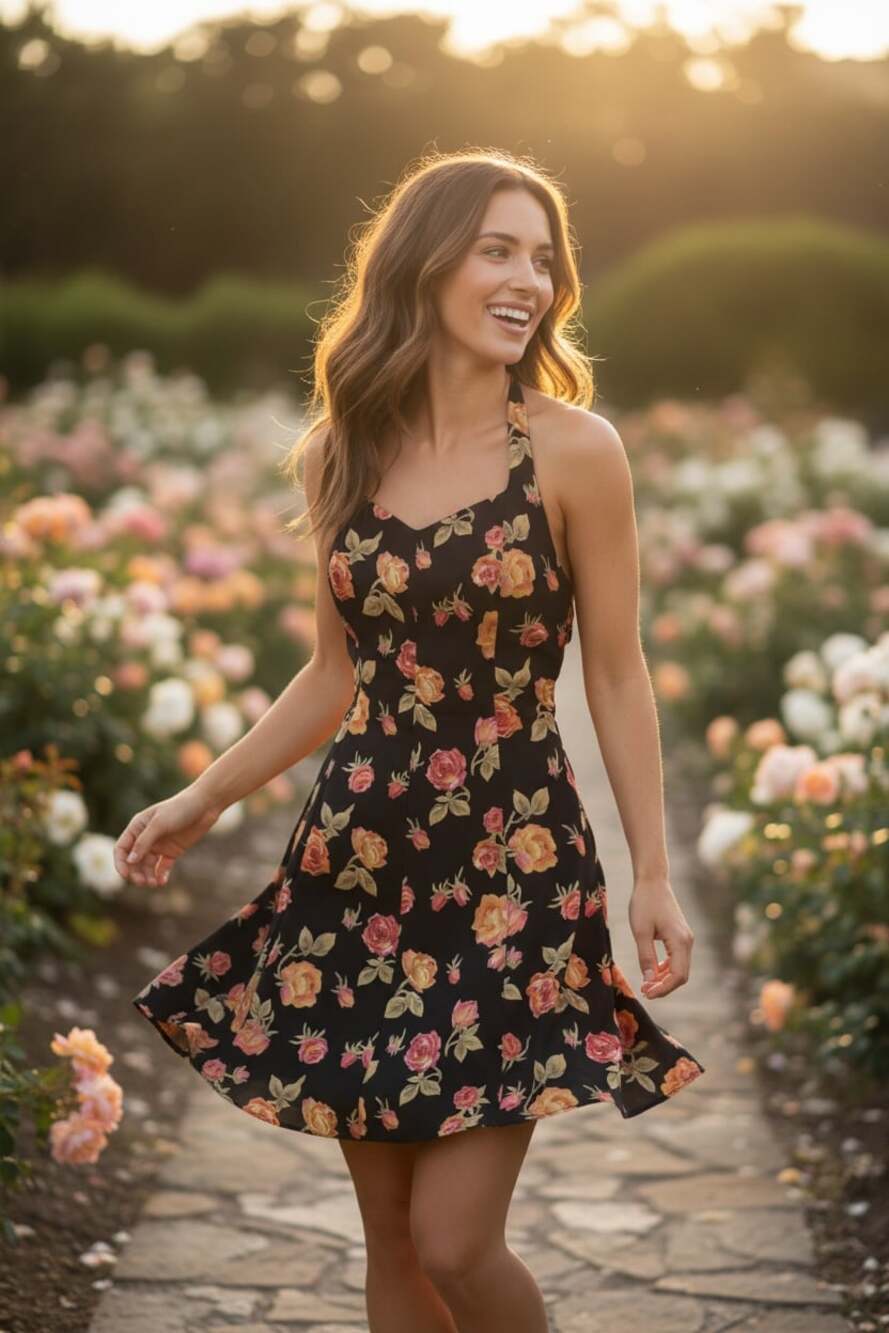 Vintage Y2K Black Floral Halter Mini Dress Roses Cottagecore Fit & Flare Size 10